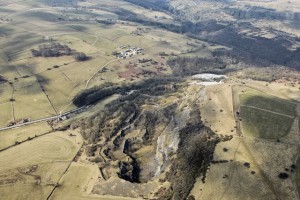 Aerial view of Hopton Wood quarry - tunnel entrance hidden by white area, right middle